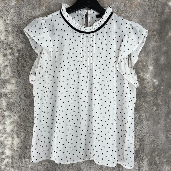 Forever21 Size S Polka Dot Casual Top White Cap Sleeve Button - Picture 1 of 8